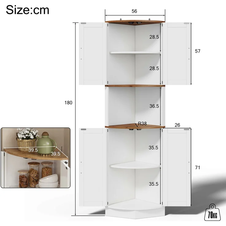 Abrihome Eckschrank mit 5 Fächern, Weiß, 180x39x39 cm – Bild 9