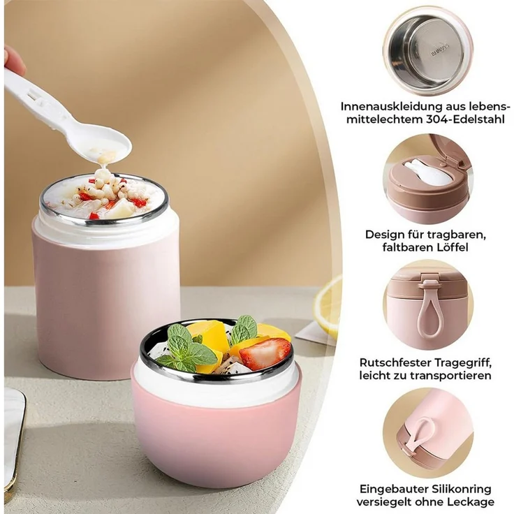 MOPUEA Lunchbox Müslibecher To Go 800 ml Thermobehälter Doppelwandig Joghurtbecher, (1-tlg), mit Löffel auslaufsicher – Bild 1