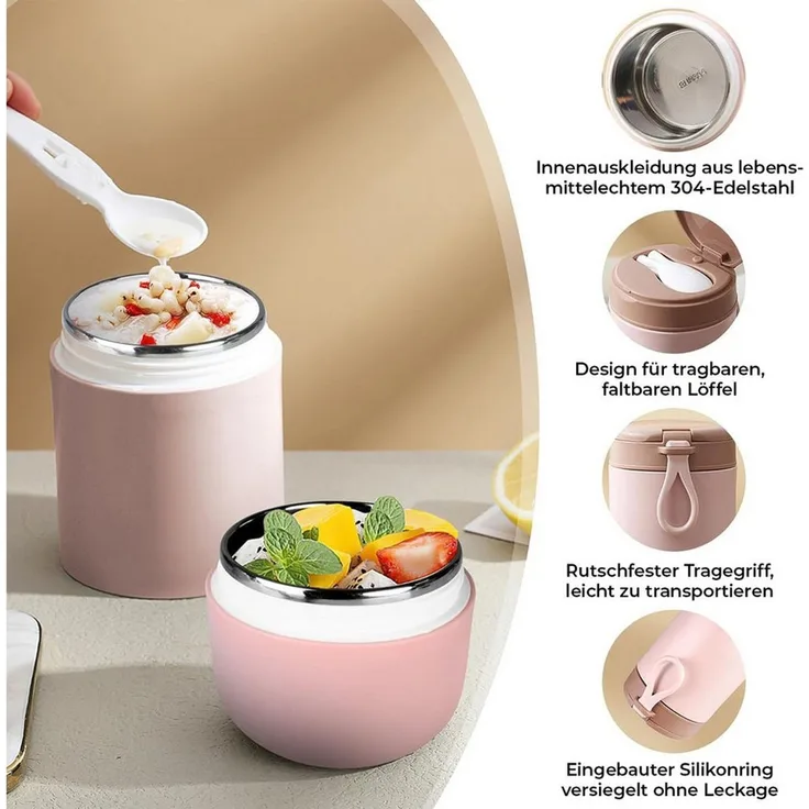 MOPUEA Lunchbox Müslibecher To Go 800 ml Thermobehälter Doppelwandig Joghurtbecher, (1-tlg), mit Löffel auslaufsicher