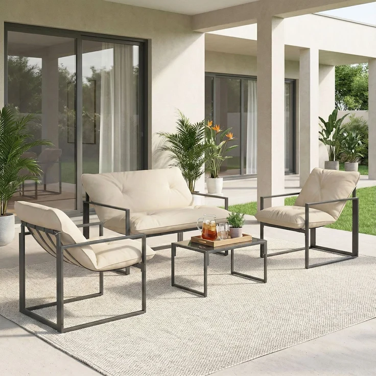 4-teiliges Gartenset mit Sitzbank, 2 Sesseln und Beistelltisch, aus Stahl, Polyester und Baumwolle (PP), beige und grau – Bild 4