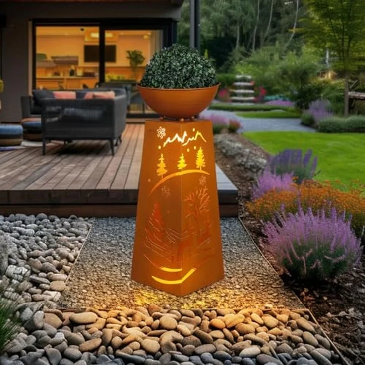 LED Dekosäule mit Blumenschale, Metall, Rost, H 59 cm – Bild 2