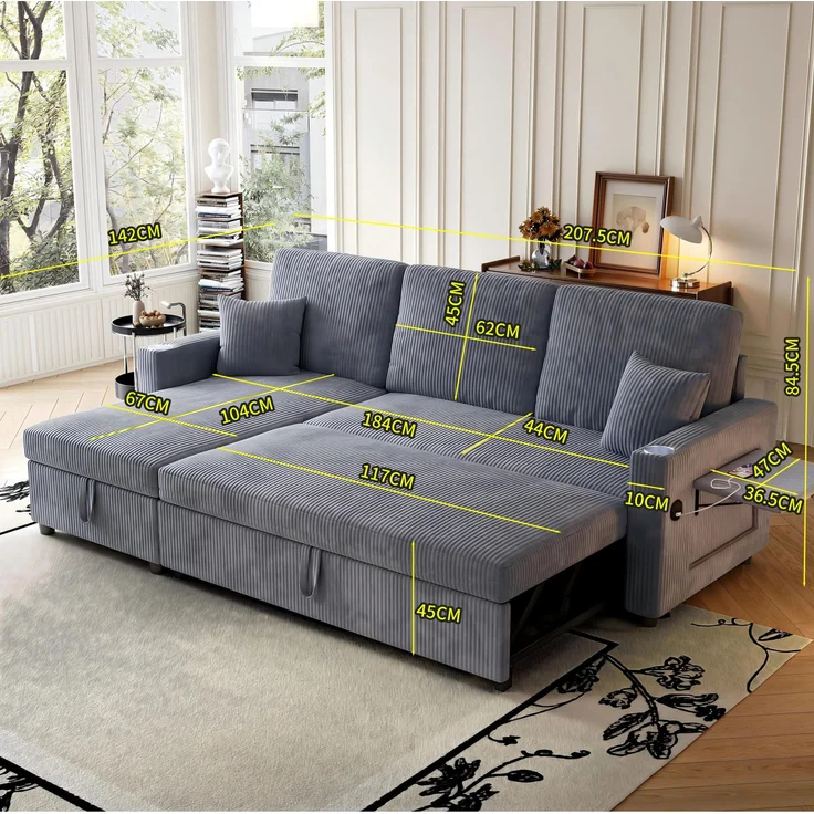 Schlafsofa aus Cord mit Ausziehfunktion, Stauraum und USB-Anschluss, 207,5x142x84,5 cm, Grau – Bild 6