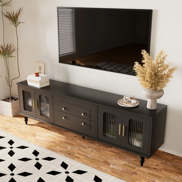 TV-Schrank 175 cm Schwarz mit Rattan-Türen, Push-to-Open Schubladen, mit goldenen Griffen und Stützfüßen – Bild 3