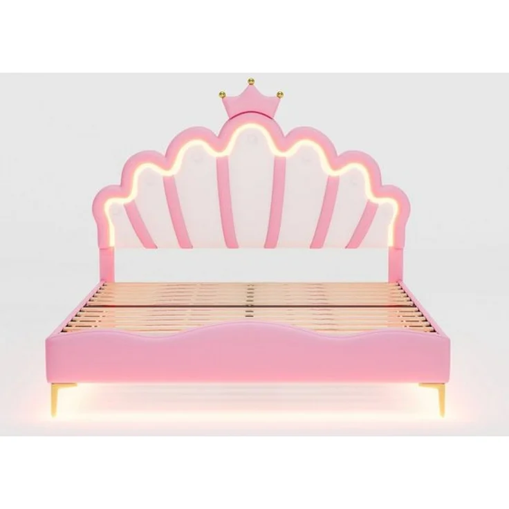 Flieks Polsterbett, LED Kinderbett Doppelbett mit krone-Form Prinzessinnenbett 140x200cm – Bild 4