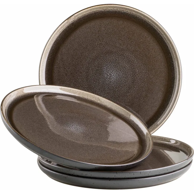 Modernes Speiseteller Set für 4 Personen in aufregendem Vintage Look, große flache Essteller aus Keramik in Grau und Schwarz