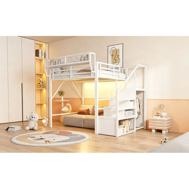 ZUBALIYA Hochbett 140 × 200 cm, Metall, LED-Beleuchtung, Leiter, Weiß – Bild 14