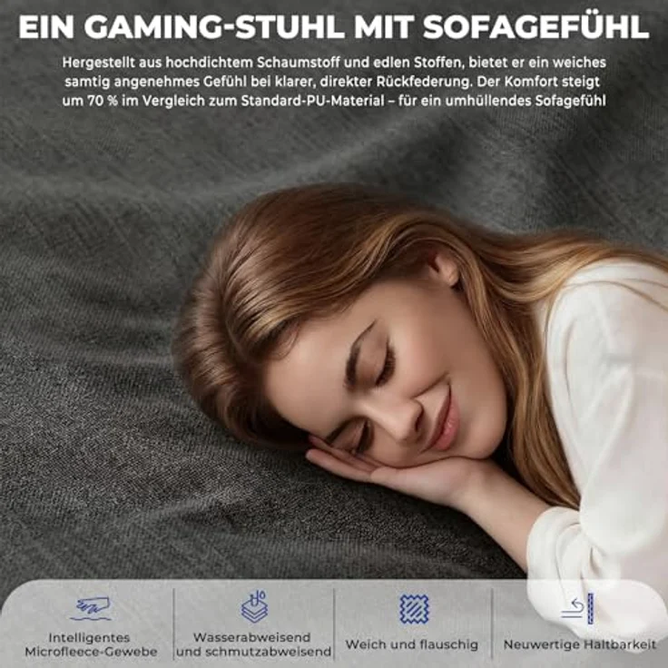 JUMMICO Gaming Stuhl aus Stoff mit Rennsitz, Komfort Bürostuhl Ergonomisch mit 3D-höhenverstellbaren, Schreibtischstuhl Neigefunktion (90°-135°), Belastbarkeit 200 kg, Grau – Bild 4