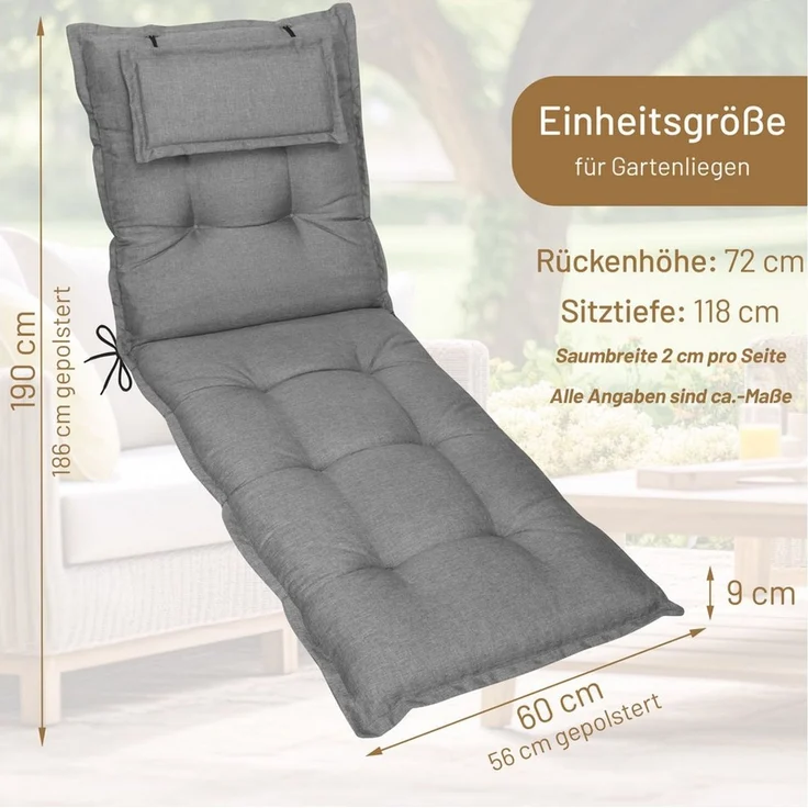 Herlag Liegenauflage Ava Polster für Gartenliege 190x60x9cm extra dick Kopfpolster, (1 St), SunGuard Liegepolster mit starkem UV- & Fleckschutz, Silber – Bild 2
