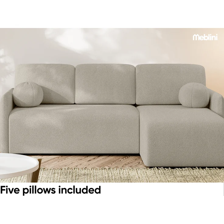 MEBLINI Schlafcouch mit Bettkasten – VESPER – 215x147x94cm – Rechts - Beige Boucle - Kleines Ecksofa mit Schlaffunktion - Sofa mit Relaxfunktion und Kissen - Kleine Couch L-Form – Eckcouch – Bild 6