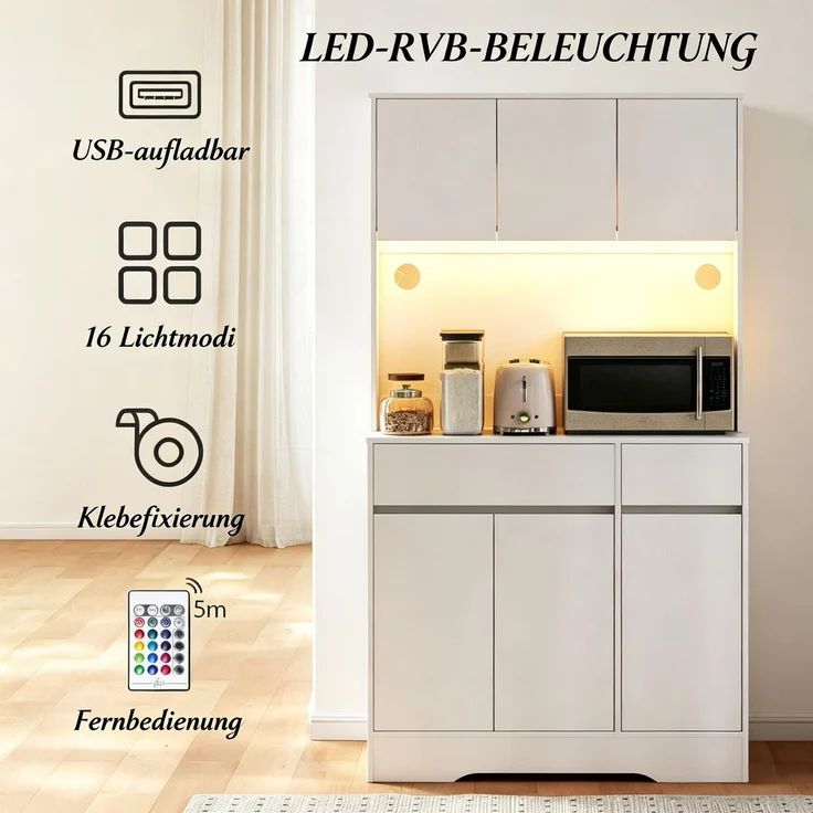ZUBALIYA Hohes Küchenbuffet mit RGB‑LED‑Beleuchtung / Arbeitsfläche, mit küchenaufbewahrungsmöbel und 6 Türen und 2 Schubladen, 100.00 x 38.00 x 180.00 cm, mit Schubladen, mit LED, Samt, Weiß – Bild 5