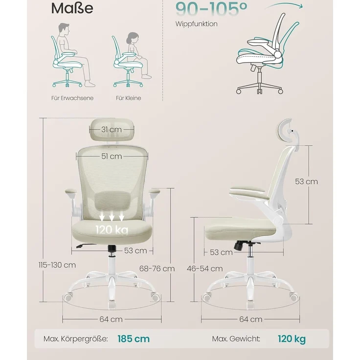 SONGMICS Bürostuhl ergonomisch, Schreibtischstuhl, Drehstuhl mit Mesh, gepolsterte Lendenstütze, Wippfunktion, 53 cm große Sitzfläche, klappbare Armlehnen, Kopfstütze, cappuccinobeige OBN047K01 – Bild 2