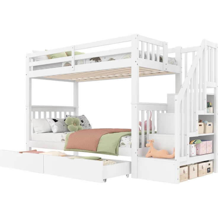 Etagenbett 90x200 cm mit Treppenregal, zwei Schubladen, hohes Sicherheitsgeländer mit Stauraum, Weiß – Bild 8