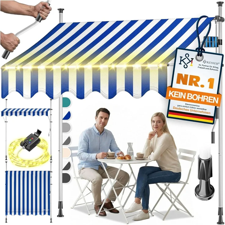 KESSER® Klemmmarkise mit Handkurbel & LED Lichterkette | Balkonmarkise ohne Bohren | Markise UV-beständig höhenverstellbar & wasserabweisend | Sonnenschutz für Balkon Terrasse & Garten 400cm, Blau / Weiß