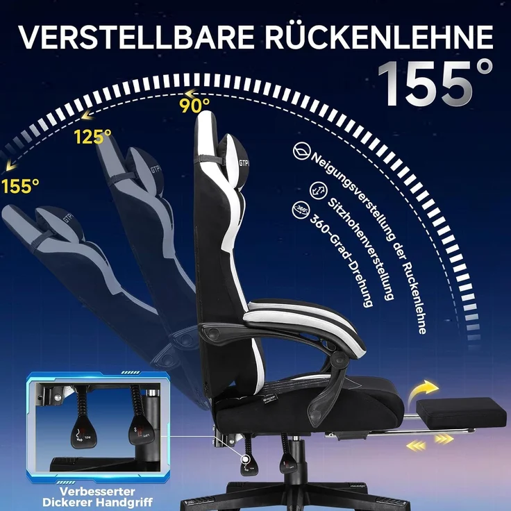 GTPLAYER Gaming-Stuhl Stoff Gaming Chair Ergonomisch Bürostuh PC Stuhl, 150kg Belastbarkeit, Schreibtischstuh mit Federsitzkissen und Fußstütze – Bild 7