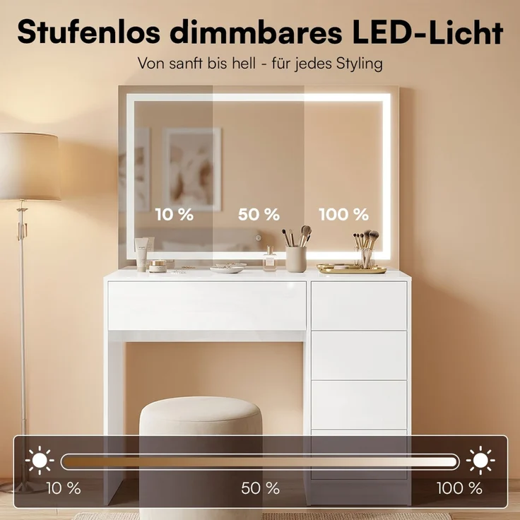 Bellamio 'Livny' Schminktisch mit Spiegel, LED-Beleuchtung, mit 5 Schubladen, beidseitig montierbar, weiß Hochglanz, 80x53x110 cm, LED-Beleuchtung mit mit 3 einstellbaren Lichtfarben – Bild 3