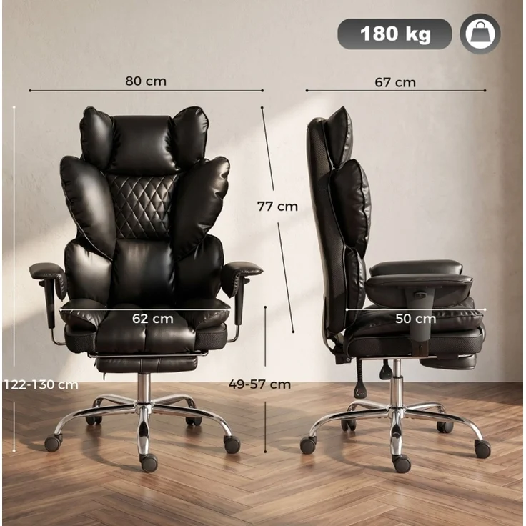 Chefsessel aus Kunstleder mit Taschenfederkern & Liegefunktion, 80x67x130 cm, Schwarz – Bild 3