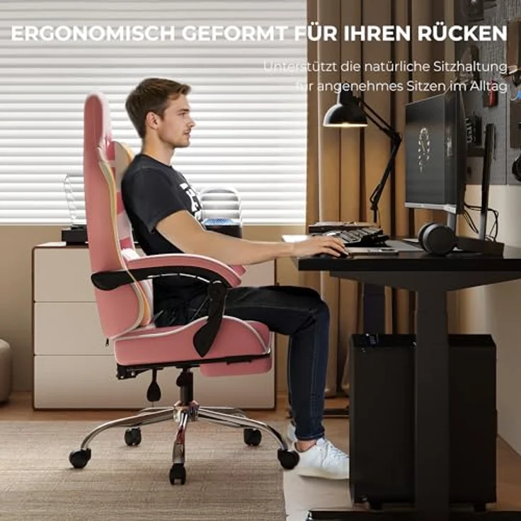 Dowinx Gaming Stuhl, Ergonomischer Gamer Stuhl für Büro und Home Office, Verstellbarer Bürostuhl mit Rückenlehne bis 150°, mit Fußstütze, Belastbar bis 180 kg, Rosa – Bild 7