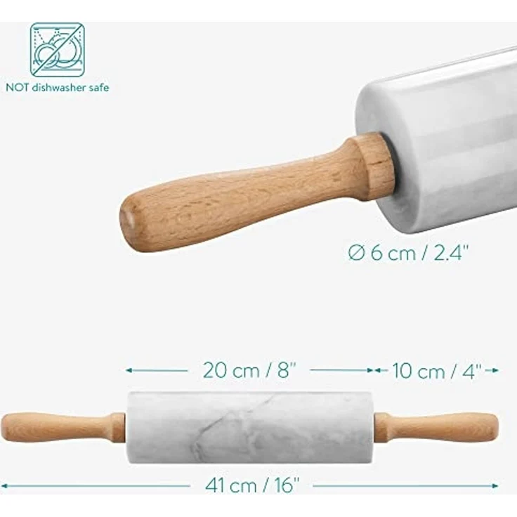 Navaris Nudelholz Teigroller und Ablage - Marmor Stein Nudelrolle mit Holzgriffen Marmor, (1-tlg) – Bild 6