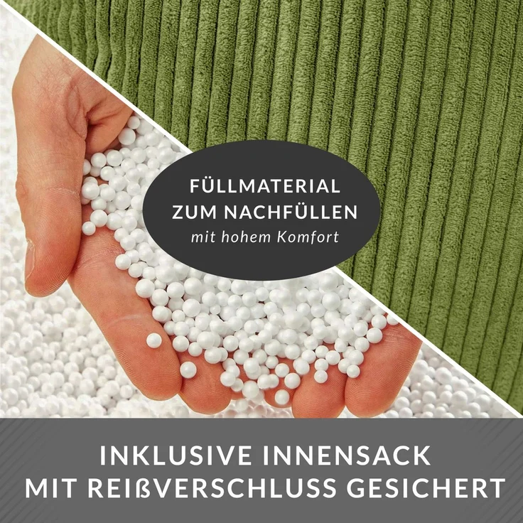 Green Bean® Sitzsack mit Rückenlehne 80x80x90cm - Gaming Chair mit 230L Füllung Cordstoff - Bean Bag Bodenkissen Lounge Sitzhocker Relax-Sessel Gamer Gamingstuhl Grün – Bild 7
