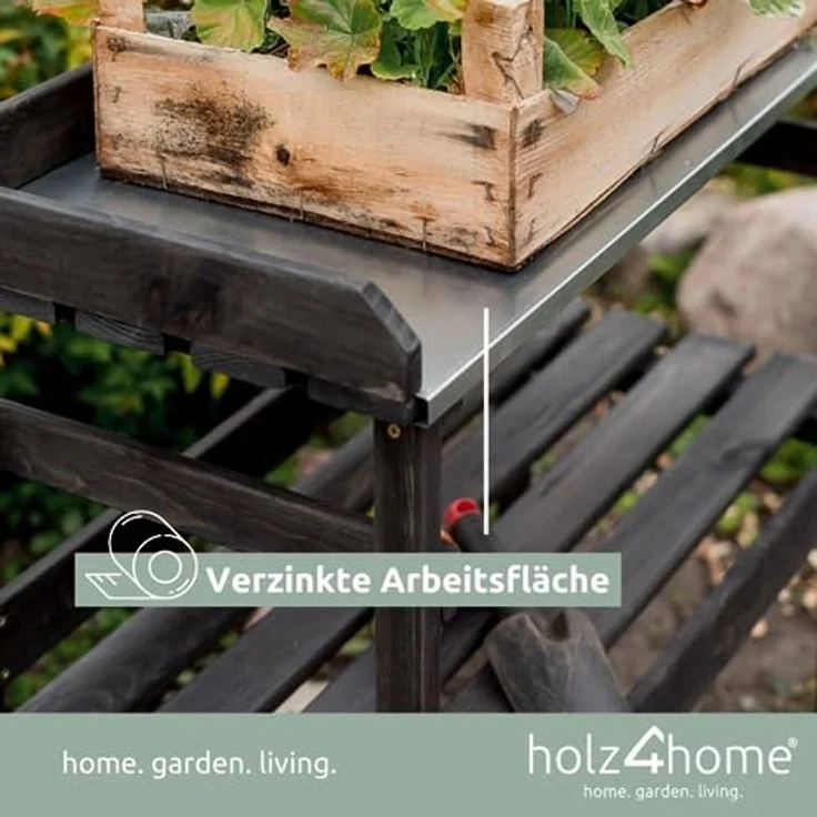 holz4home® Pflanztisch Gartentisch aus Holz für Gartenarbeiten & Pflanzen, Dunkler Look, Verzinkte Arbeitsplatte – Bild 5