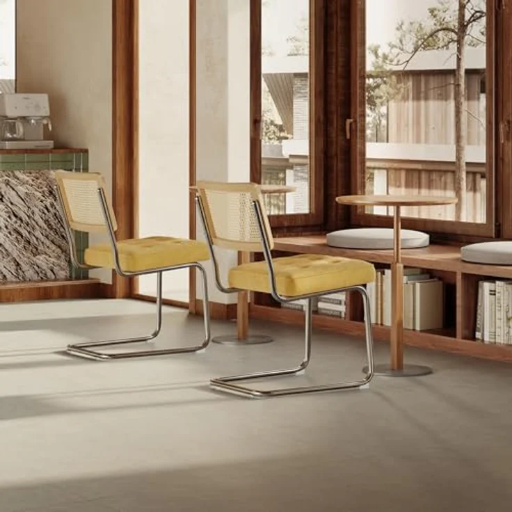 COLAMY Rattan Esstischstühle 2er Set, Samtbezug mit Metallgestell, Gelb – Bild 7