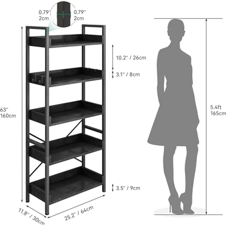 YITAHOME Bücherregal 5 Etagen, Offen Stehend Bücherregal, Hoch Schmal mit 4 Haken Industrielles Lagerregal für Wohnzimmer, Heimbüro, Schwarz – Bild 3