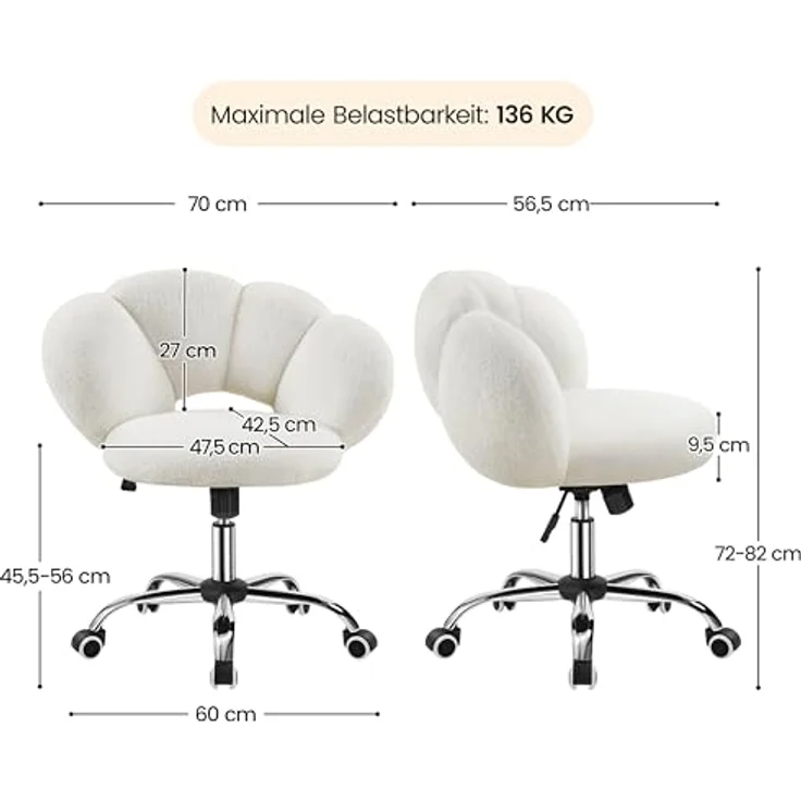 Yaheetech Schreibtischstuhl Bürostuhl Ergonomisch Bürosessel in Wolkenform Schminktischstuhl bis 136 kg Belastbar Computerstuhl Höhenverstellbar für Schlafzimmer Büro Wohnzimmer Weiß – Bild 4