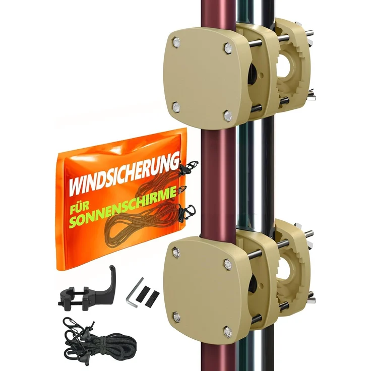 4smile 2 x Sonnenschirmhalter Balkongeländer SunnyBoy 3.0 + Windsicherung für Schirme - Schirmhalterung Balkongeländer als Sonnenschirmständer Balkon - Sonnenschirm Halterung Balkon, Sandbraun
