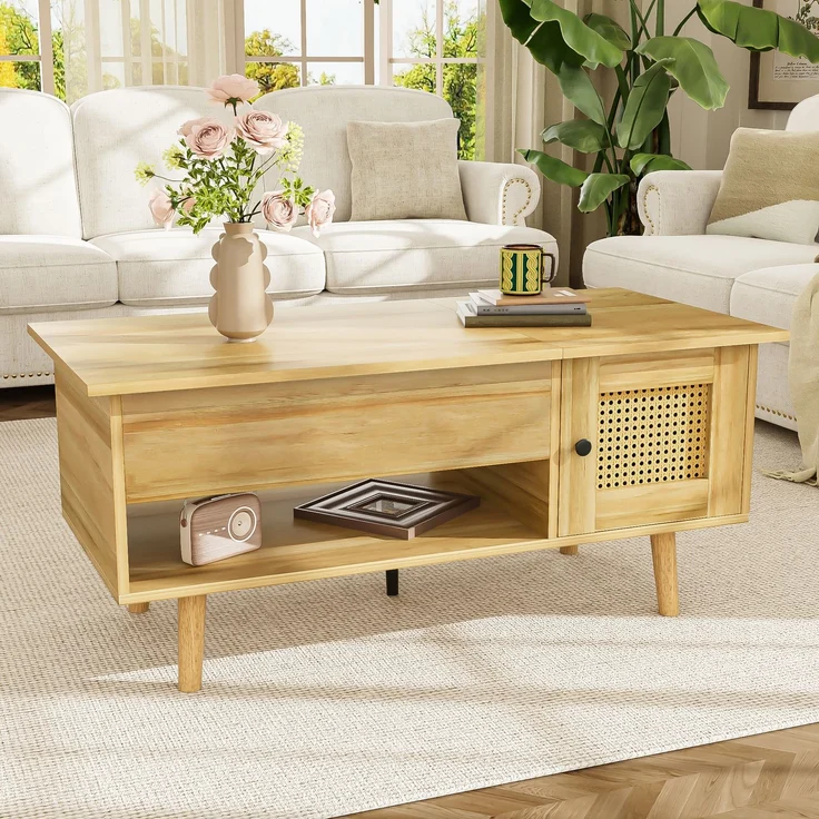Merax Couchtisch mit anhebbarer Tischplatte und Rattan-Türen, Holzfarbe mit schwarzen Akzenten, Holzfarbe – Bild 6