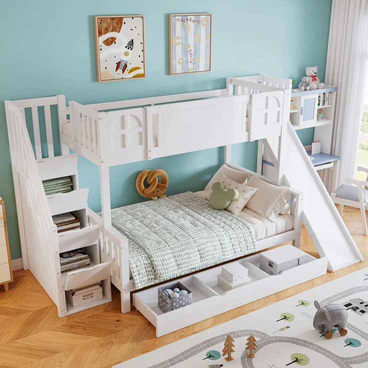Merax 90x200cm Etagenbett, Kinderbett Mit Fenster, Mit Kinderrutsche, Schubladen mit Rollen, Treppen mit Handlauf, Mit 4 Schließfächer in der Treppe, Weiß – Bild 3