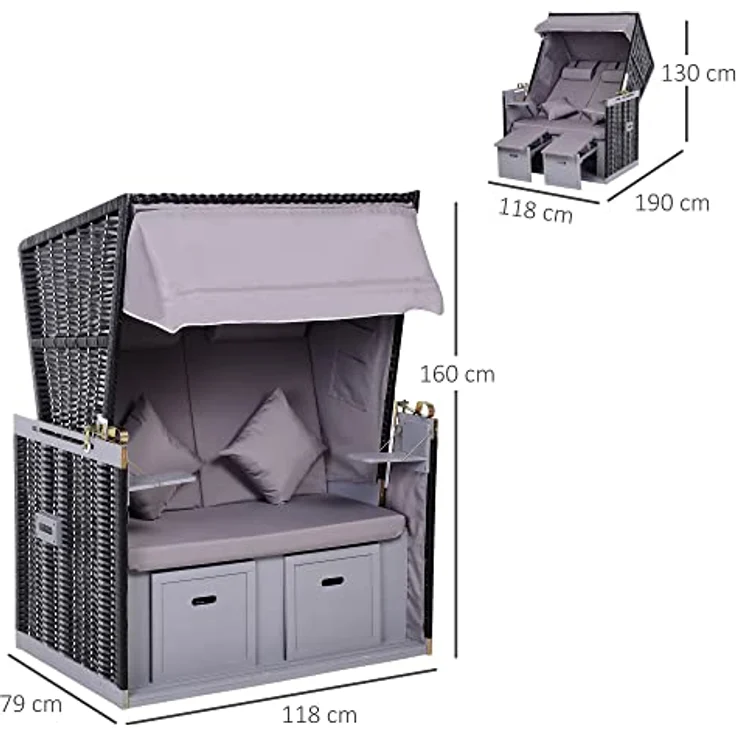 Outsunny Gartenliege, Grau, Kunststoff, 79x150x118 cm, mit verstellbarer Rückenlehne und zwei Klapptischen – Bild 3