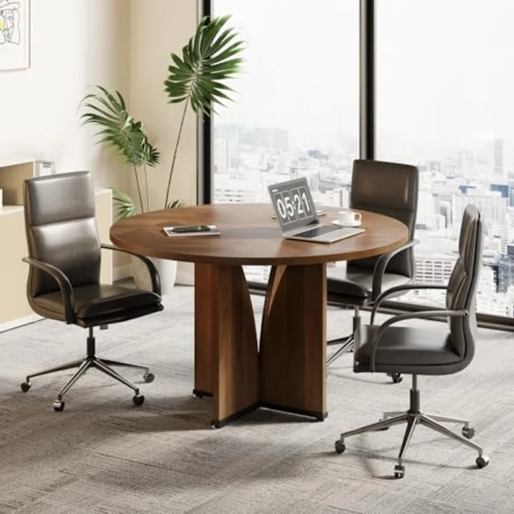 LITTLE TREE Kleiner Konferenztisch (99 cm) für 4 Personen, runder Besprechungstisch mit X-förmigem Fußgestell, für Büro, Konferenzraum, kleine Räume, Dunkelbraun