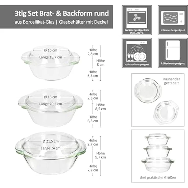 MamboCat Auflaufform 3tlg Set Brat- & Backform 0,7L 1L 1,5L Deckel Auflaufform rund Glas, Glas – Bild 6