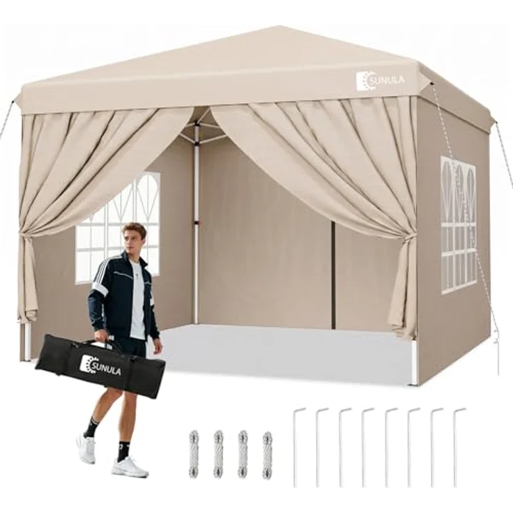 Sunula Pavillon 3x3m, wasserdicht und winterfest mit 4 Seitenwänden, faltbar, stabil mit verdickten Röhren, khaki – Bild 1