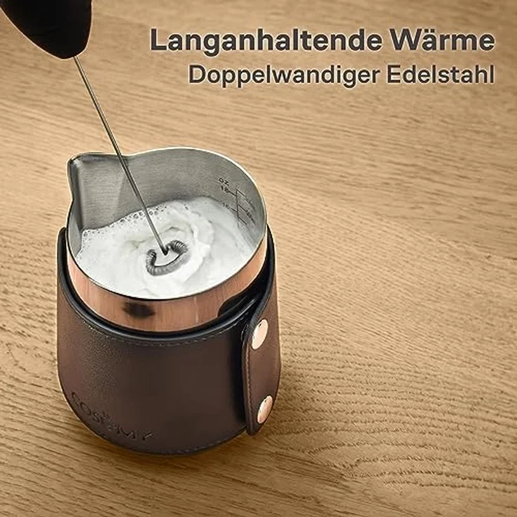Cosumy Milchkännchen Barista Milchkännchen Edelstahl 500ml mit Lederhülle, 500 l, (Set, 1-St), Griffloses Design - Messskala im Inneren – Bild 3