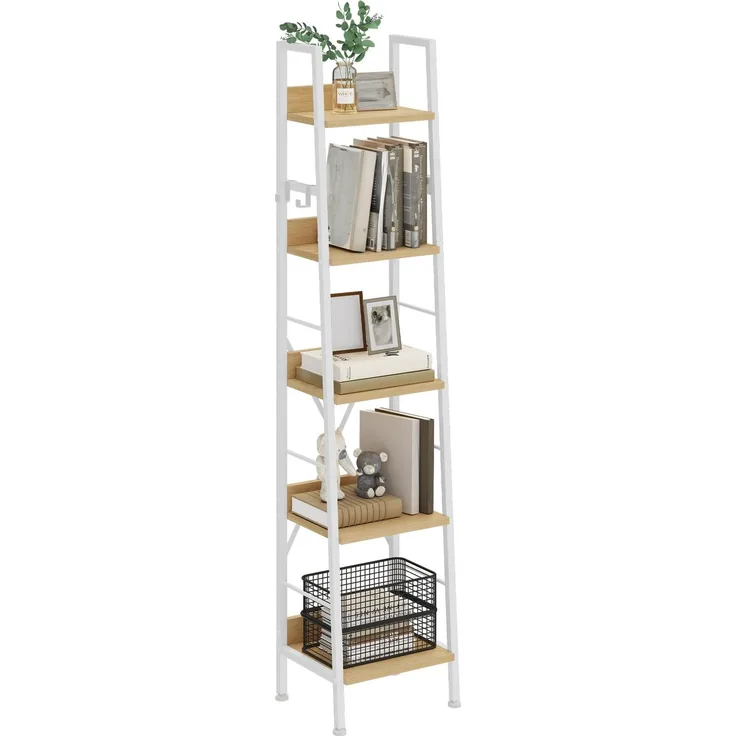 YITAHOME Bücherregal mit 5 Ebenen, industrielles Leiterregal, freistehendes Bücherregale, Holzregale und Metallrahmen, Standregal, modernes Regal für Wohnzimmer, Flur, Büro, Weiß und Eiche