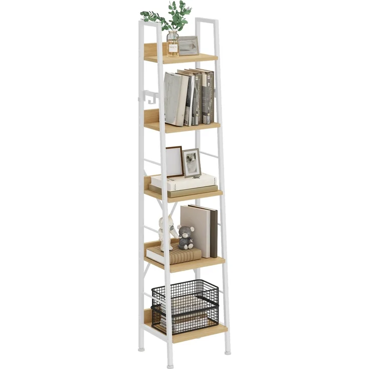 YITAHOME Bücherregal mit 5 Ebenen, industrielles Leiterregal, freistehendes Bücherregale, Holzregale und Metallrahmen, Standregal, modernes Regal für Wohnzimmer, Flur, Büro, Weiß und Eiche