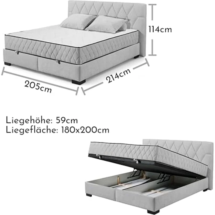 NAGOL B Boxbett 180x200, Silber - Bequemes Doppelbett mit Bettkasten und Premium 9-Zonen-Federkern Wendematratze - 205 x 114 x 214 cm (B/H/T) – Bild 4