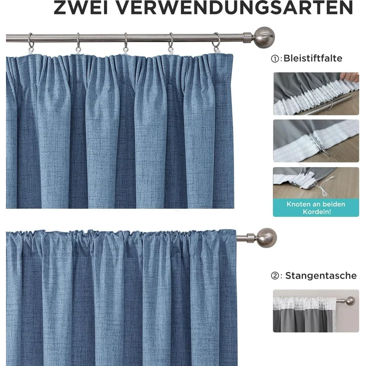 Joydeco 100% Verdunkelungsvorhänge Leinen Gardinen mit Kräuselband 2er Set H225xB140cm Wathet, Thermovorhang Kälteschutz Blickdicht Schallschutz Ideal für Wohnzimmer passt zu Schienensystemen – Bild 3