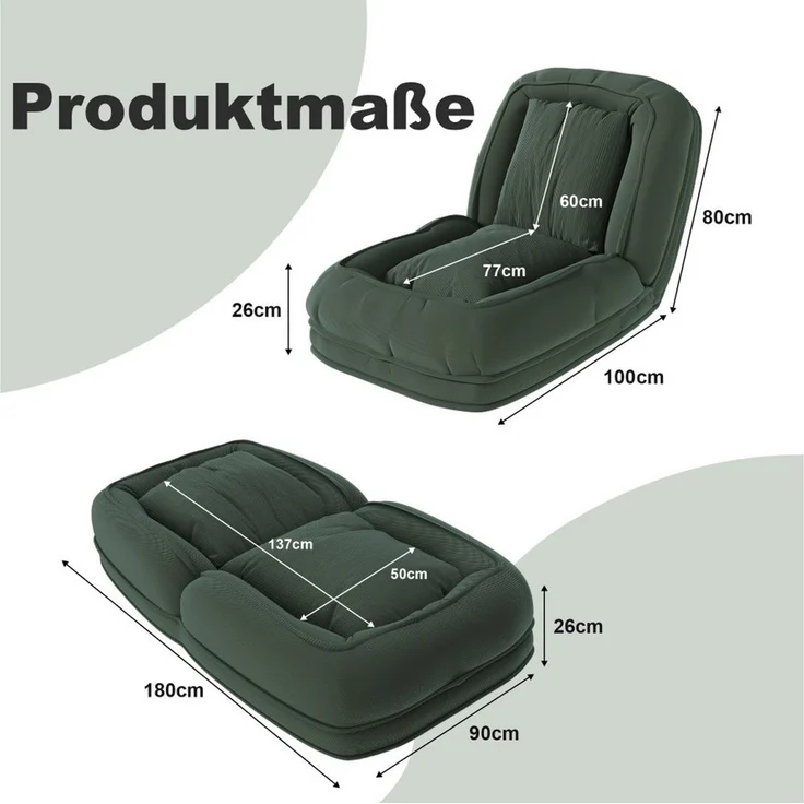 BBWL Schlafsofa 5-fach verstellbar 90–180° Multifunktions-Liege mit Kissen, Klappbares ergonomisch für Wohnzimmer Schlafzimmer Haustier geeignet – Bild 4