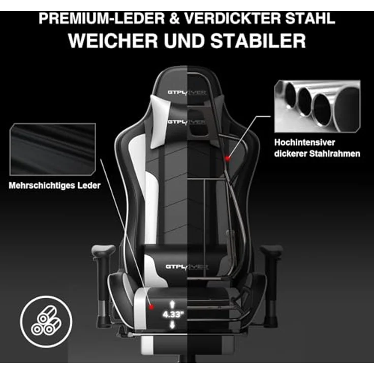 GTPLAYER Gaming Stuhl Gamer Stuhl mit Fußstütze Bluetooth Lautsprecher Ergonomischer Bürostuhl Computerstuhl Schreibtischstuhl PC Stuhl mit verstellbare Rückenlehne 150 kg Belastbarkeit weiß – Bild 7
