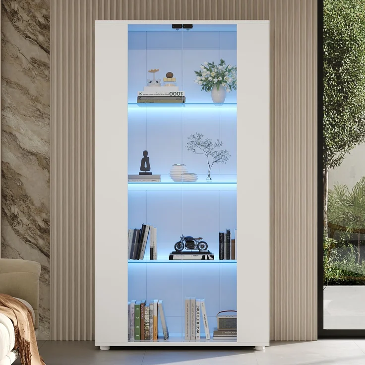 Merax Vitrinenschrank mit 2 Glastüren, 4 Ablageflächen und verstellbarer LED-Beleuchtung – modernes Design für Wohnzimmer, Weiß, 80×36×150.5cm – Bild 1