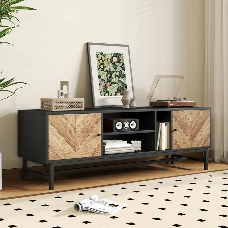 TV Schrank Schwarz Holzoptik 150x38 cm mit 2 Türen und offenen Fächern Metallbeine Sideboard Medienregal für Wohnzimmer – Bild 4