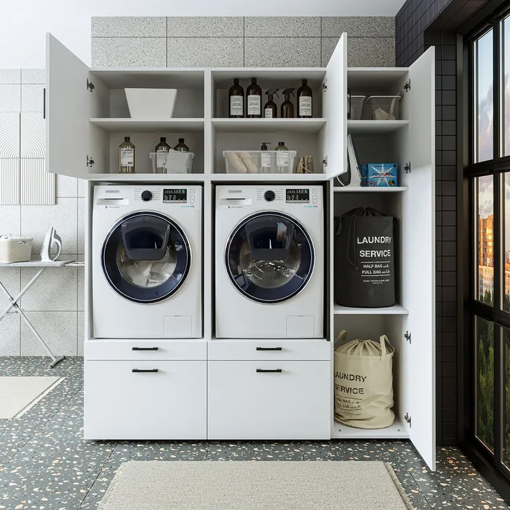 Roomart Waschmaschinenschrank SERIE 2 – Überbauschrank mit Schublade, Überbauschrank für Waschküche & Hauswirtschaftsraum – mit Ausziehbrett & Schublade – • Weiß – Bild 5