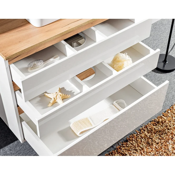 Waschtischunterschrank CAMPOS-56, Hochglanz weiß mit Wotaneiche, B/H/T: ca. 94/63,5/50 cm – Bild 3