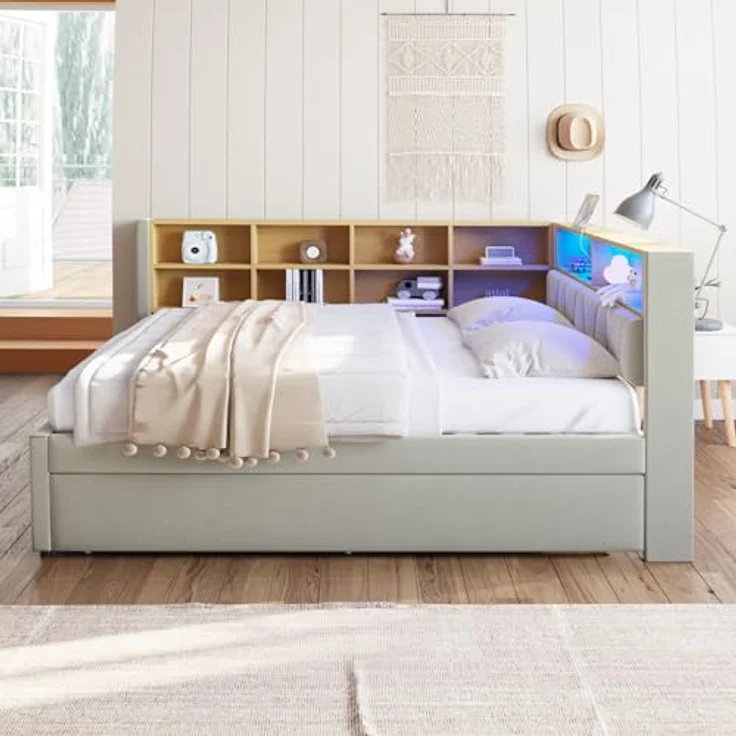 Ball & Cast Schlafsofa (140x200cm & 90 * 190cm) Tagesbett mit USB-Anschlüssen und Leuchten, Einzelbett mit Mehreren Ablagefächern, Ohne Matratze, Hellgrau – Bild 4