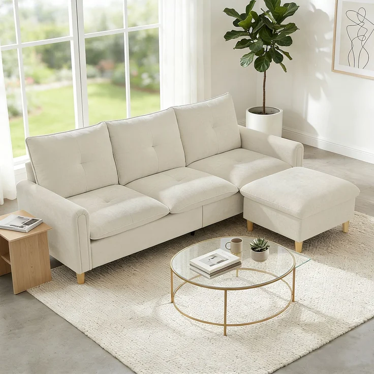 Rayofly-Modulares Ecksofa, 3-Sitzer mit Stauraumhocker, Leinenoptik Stoff, Creme, 80×210×77 cm – Bild 3