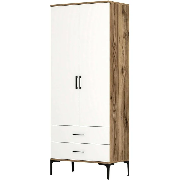 Dmora - Kleiderschrank 2 Türen Naos, Schlafzimmermöbel, Schrank, Garderobe, 80x201h48 cm, Walnuss und Weiß – Bild 3