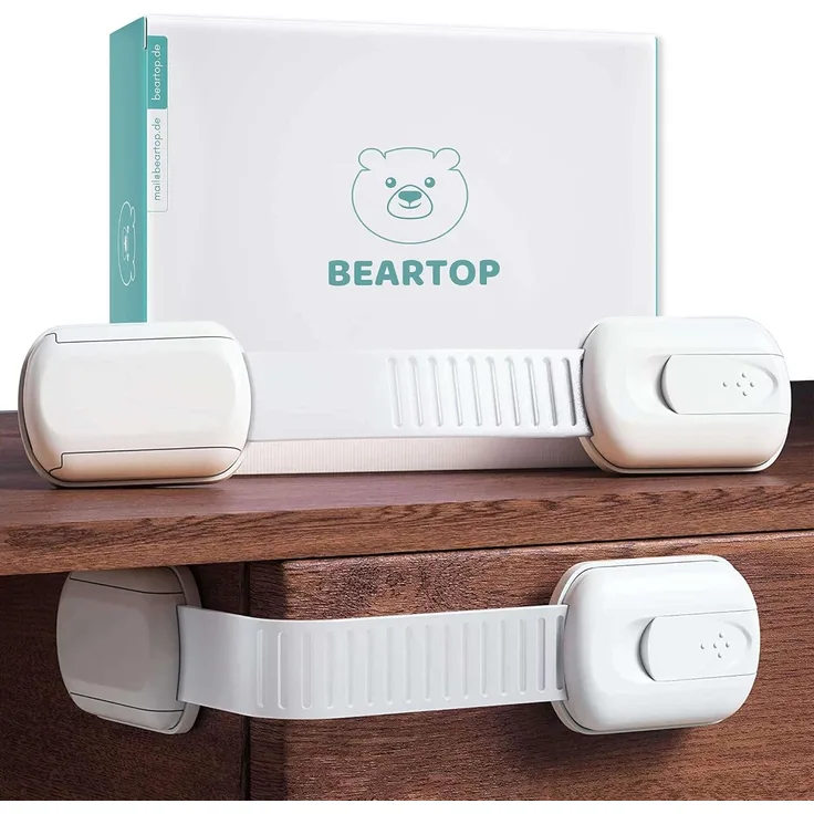 BEARTOP Kindersicherung Schrank | Schranksicherung Baby | Schrankschloss | BPA-frei | Einstellbare Länge | Starker Halt | 3cm-12cm | Weiß | 4 Stück