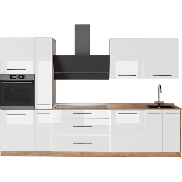Küchenzeile Fame-Line Weiß Hochglanz/Goldkraft Eiche 310 cm, AP Eiche Vicco – Bild 1